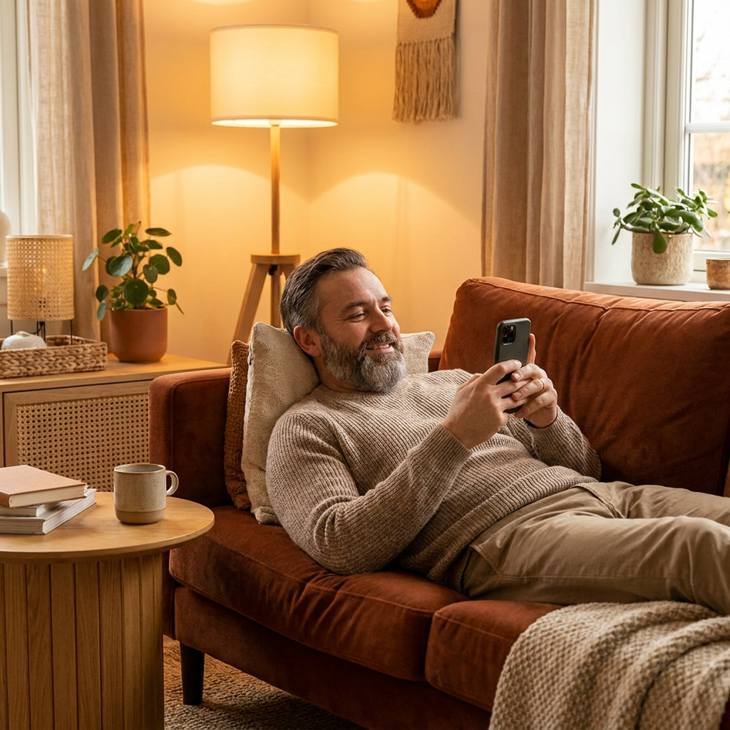 Adult relaxing at home checking telehealth treatment progress on a smartphone